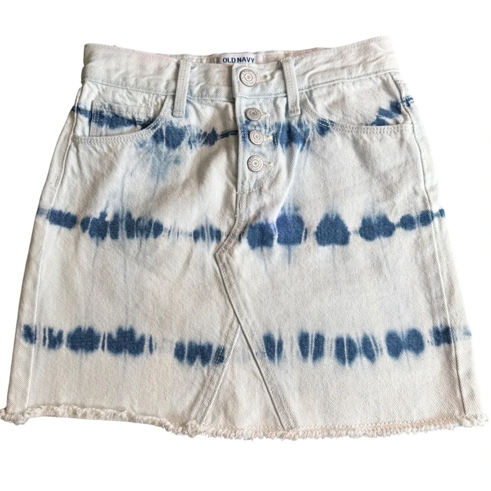Girls Old Navy Tie Dye Denim Skirt Renata Button Front Raw Hem Blue White Size 8